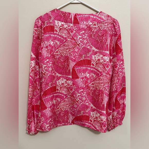 Lilly Pulitzer Womens Oversize XS 100% Silk Long Slv Top Pink Asian Fans Vibrant - Picture 6 of 7